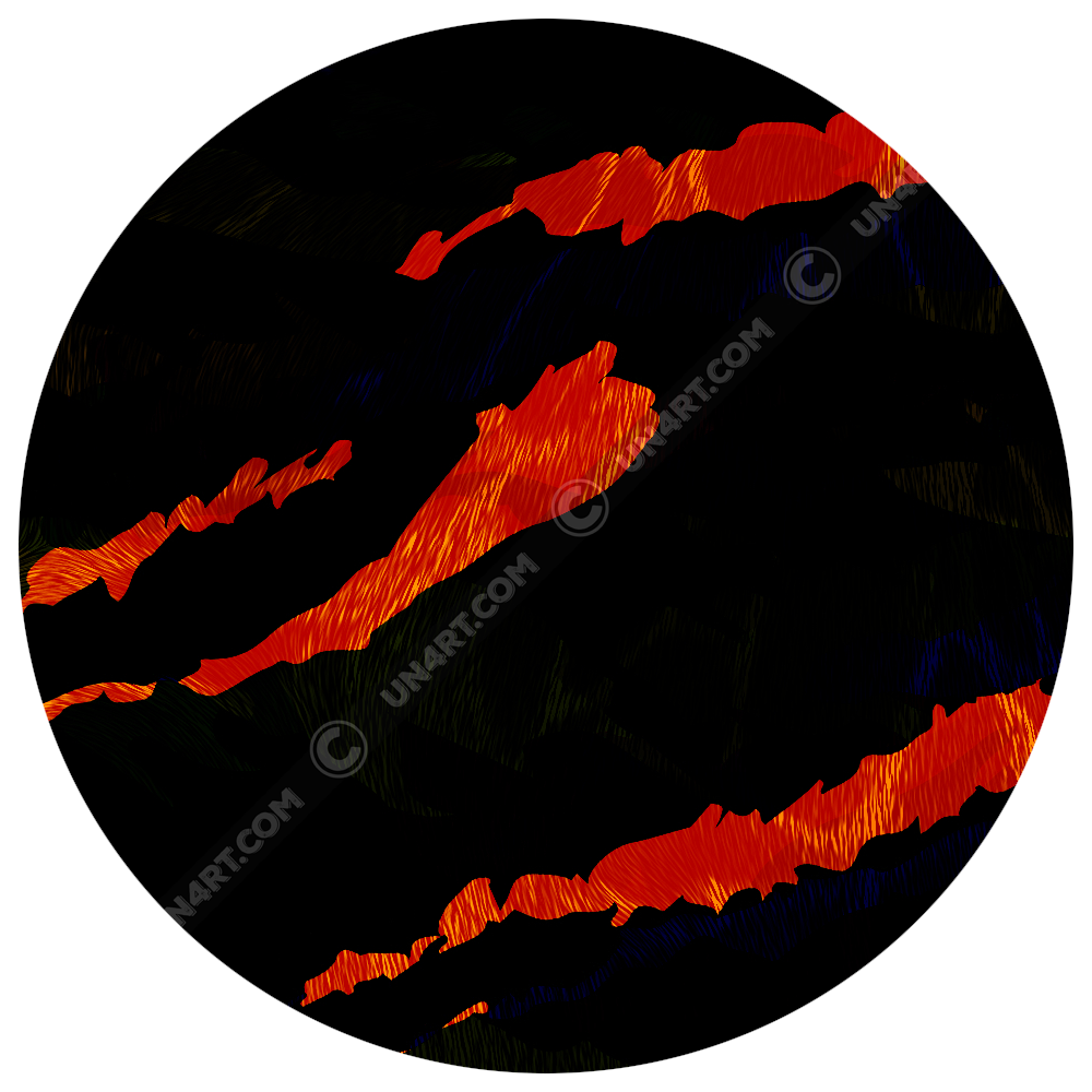 UN4RT tiger lily design close-up – circular detail of original dark art print showing large fiery orange-red claw scratch strokes with fine texture on deep black background, copyright-protected artwork.