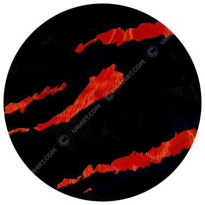 UN4RT tiger lily design close-up – circular detail of original dark art print showing large fiery orange-red claw scratch strokes with fine texture on deep black background, copyright-protected artwork.