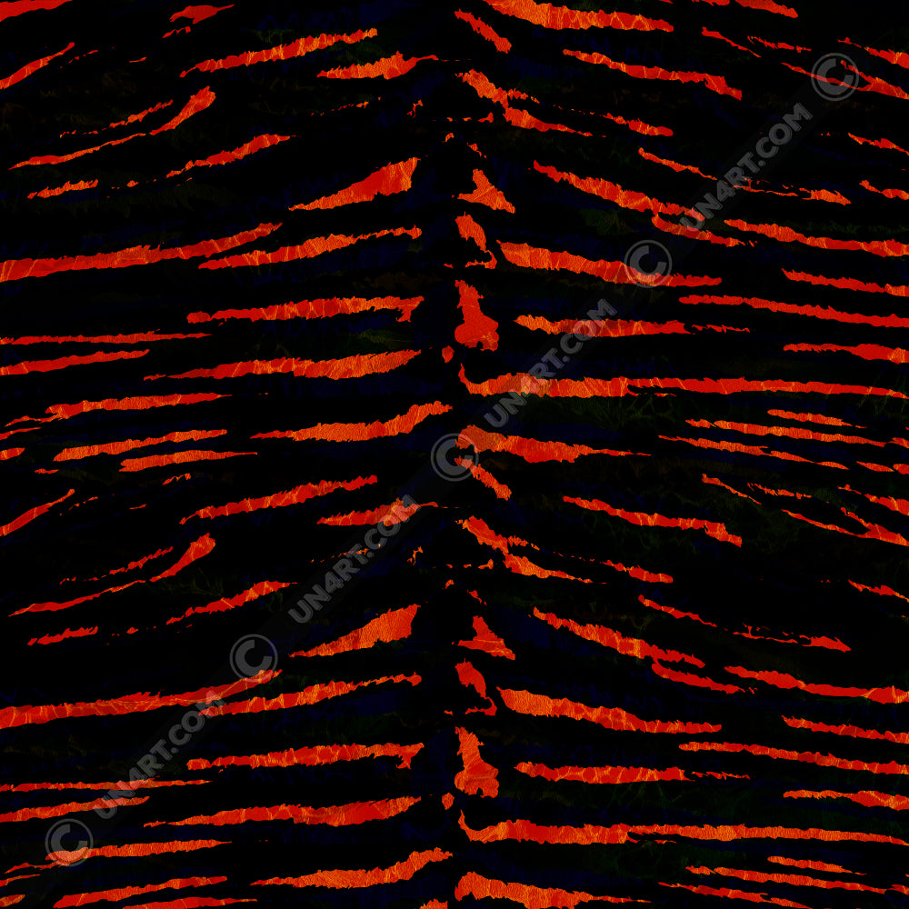 UN4RT tiger lily original artwork – circular detail of fiery orange-red claw scratch pattern with jagged edges and fine linear texture on deep black background, copyright-protected original design.