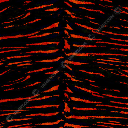 UN4RT tiger lily original artwork – circular detail of fiery orange-red claw scratch pattern with jagged edges and fine linear texture on deep black background, copyright-protected original design.