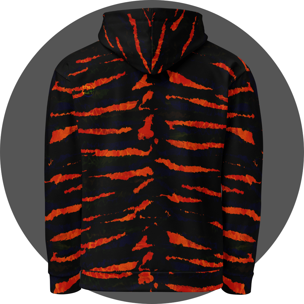 UN4RT tiger lily all-over-print hoodie back view – black pullover hoodie with bold fiery orange-red tiger stripe pattern, small UN4RT logo on upper left back, ribbed hem and cuffs.
