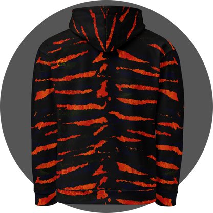 UN4RT tiger lily all-over-print hoodie back view – black pullover hoodie with bold fiery orange-red tiger stripe pattern, small UN4RT logo on upper left back, ribbed hem and cuffs.