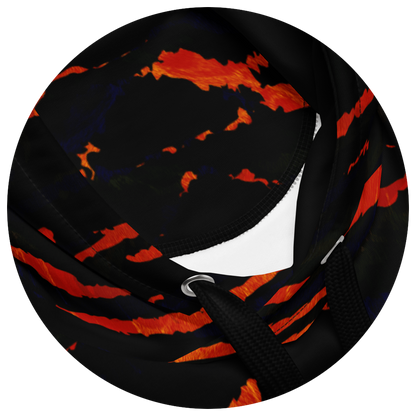 UN4RT tiger lily hoodie hood detail – circular close-up of drawstring hood opening showing fiery orange-red tiger stripe print on black fabric interior and exterior, silver metal eyelets visible.