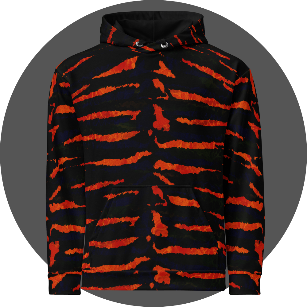 UN4RT tiger lily all-over-print hoodie front view – black pullover hoodie with bold fiery orange-red tiger stripe pattern across entire surface, front kangaroo pocket and drawstring hood.