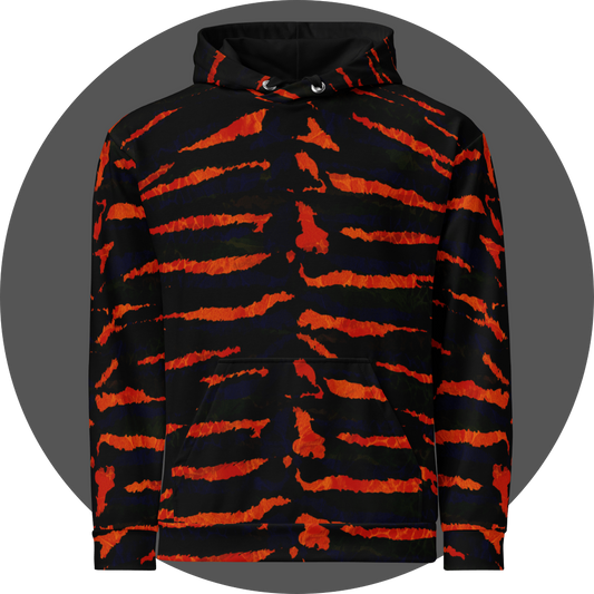 UN4RT tiger lily all-over-print hoodie front view – black pullover hoodie with bold fiery orange-red tiger stripe pattern across entire surface, front kangaroo pocket and drawstring hood.
