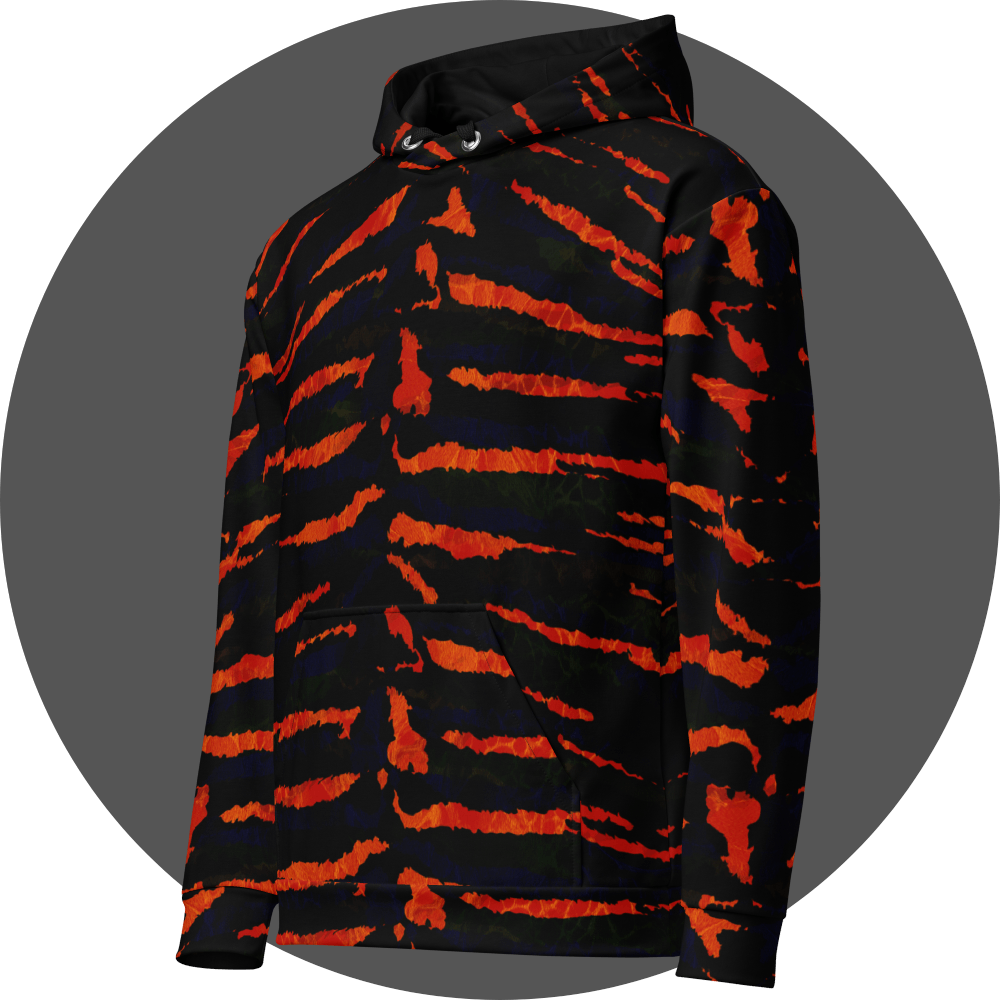 UN4RT tiger lily all-over-print hoodie left side view – black pullover hoodie with vivid orange-red tiger stripe print covering body and sleeves, drawstring hood and ribbed cuffs.