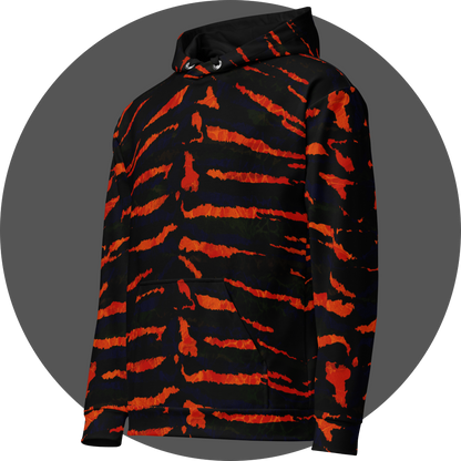 UN4RT tiger lily all-over-print hoodie left side view – black pullover hoodie with vivid orange-red tiger stripe print covering body and sleeves, drawstring hood and ribbed cuffs.