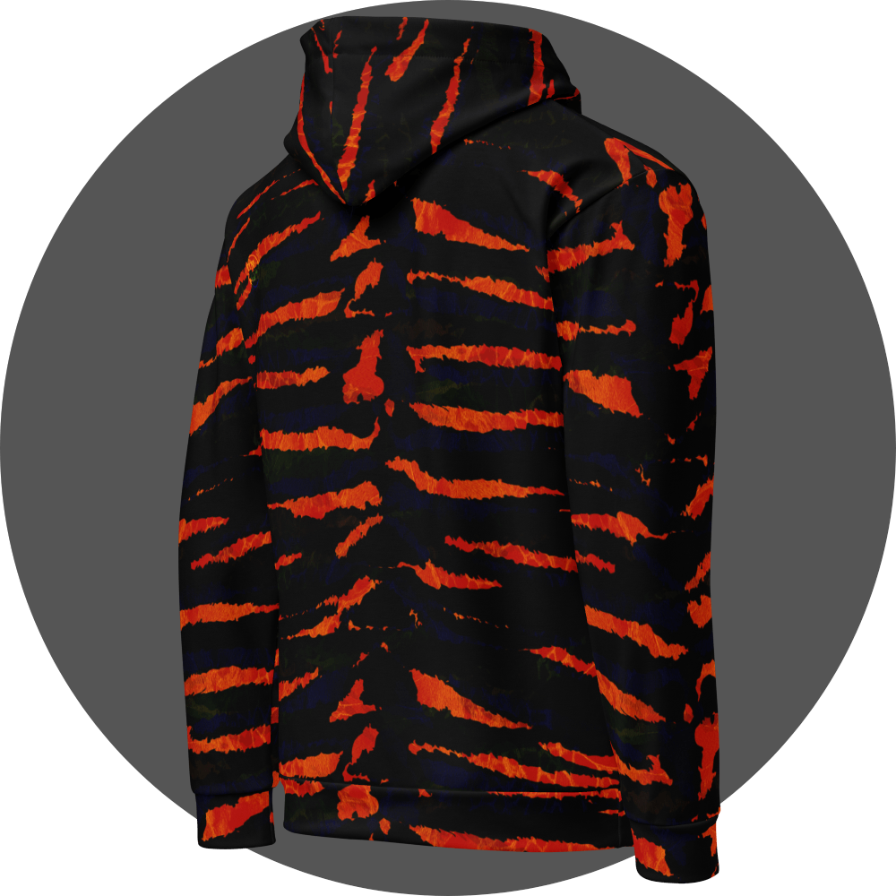 UN4RT tiger lily all-over-print hoodie right side view – black pullover hoodie with fiery orange-red tiger stripe pattern, ribbed hem and cuffs.