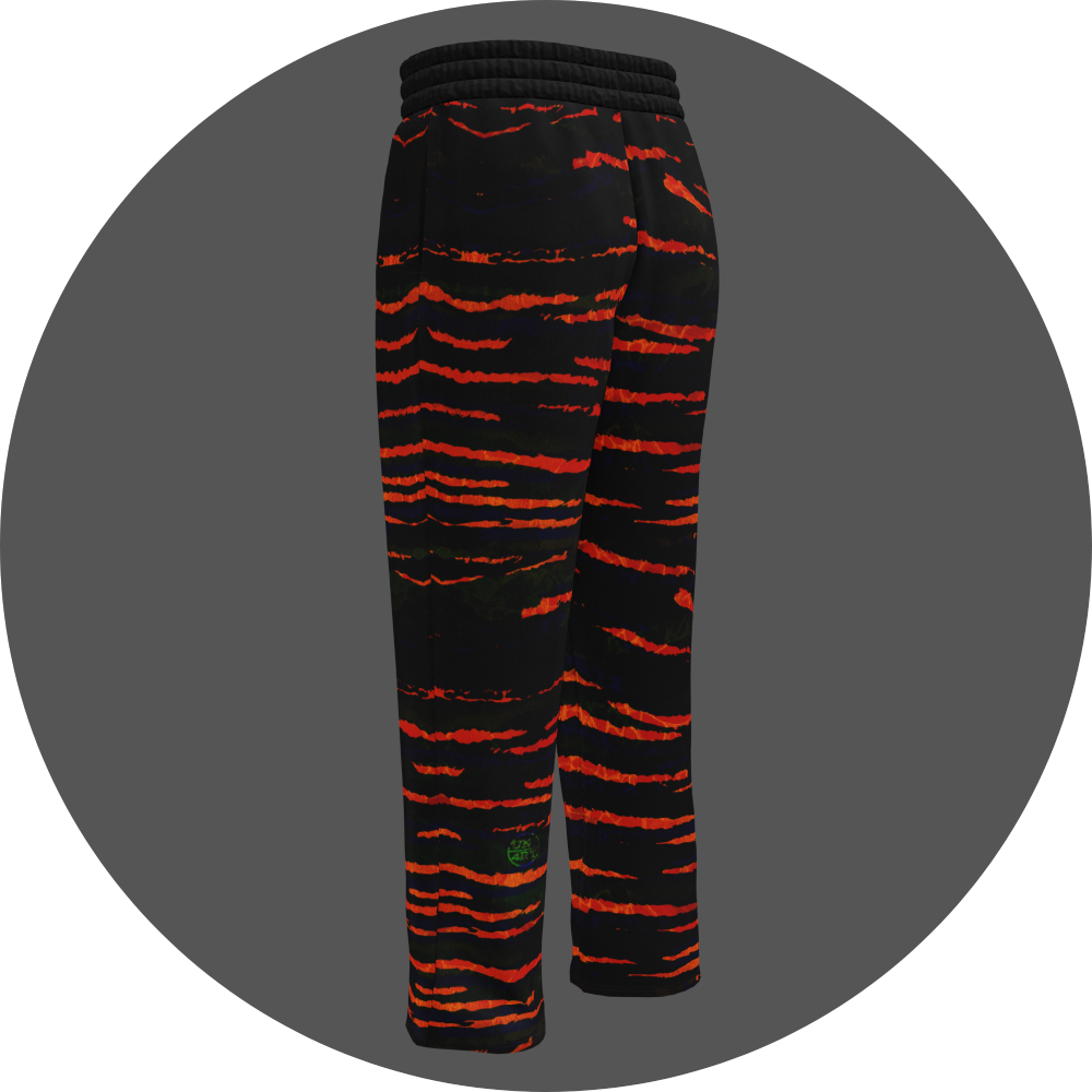 UN4RT tiger lily all-over-print jogging pants back left view – black sweatpants with fiery orange-red horizontal stripe print, elasticated waistband, relaxed straight cut, small UN4RT logo at ankle.