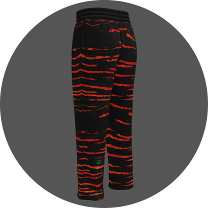 UN4RT tiger lily all-over-print jogging pants back left view – black sweatpants with fiery orange-red horizontal stripe print, elasticated waistband, relaxed straight cut, small UN4RT logo at ankle.