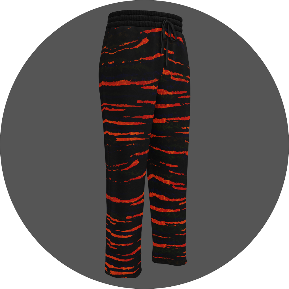UN4RT tiger lily all-over-print jogging pants front right view – black sweatpants with vivid orange-red tiger stripe print, elasticated drawstring waistband, straight leg cut.