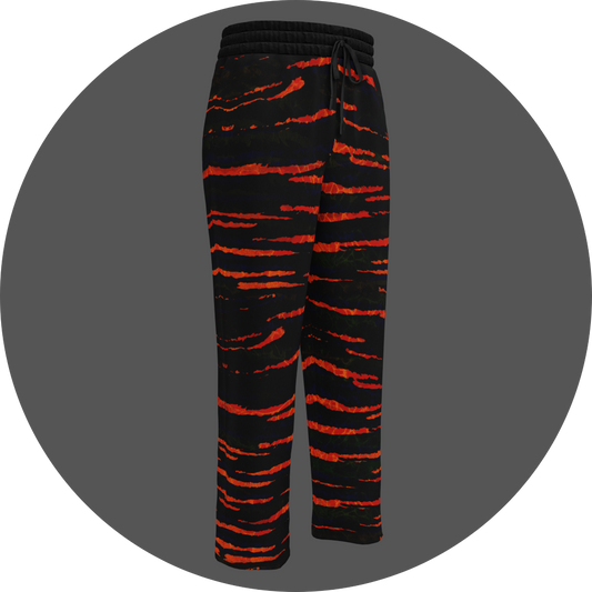 UN4RT tiger lily all-over-print jogging pants front right view – black sweatpants with vivid orange-red tiger stripe print, elasticated drawstring waistband, straight leg cut.