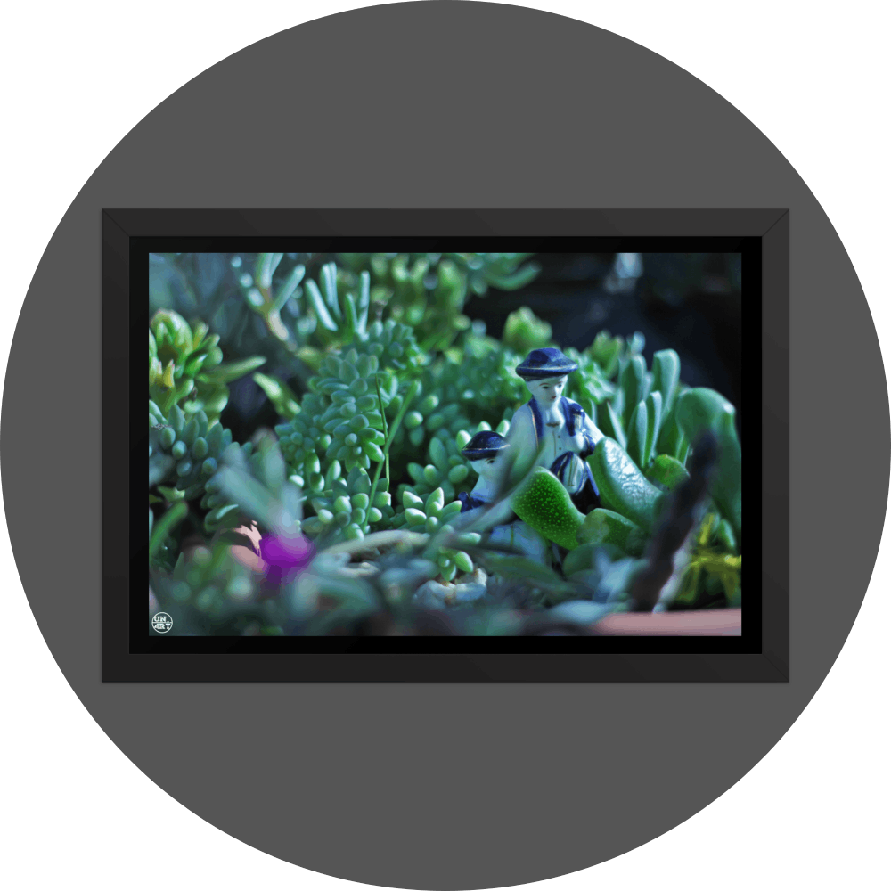 un4rt - the photographie shows 2 small porcelain figures in blue and white in the middle of a variety of succulents. more unsharp succulents in the foreground, very unsharp backround. 