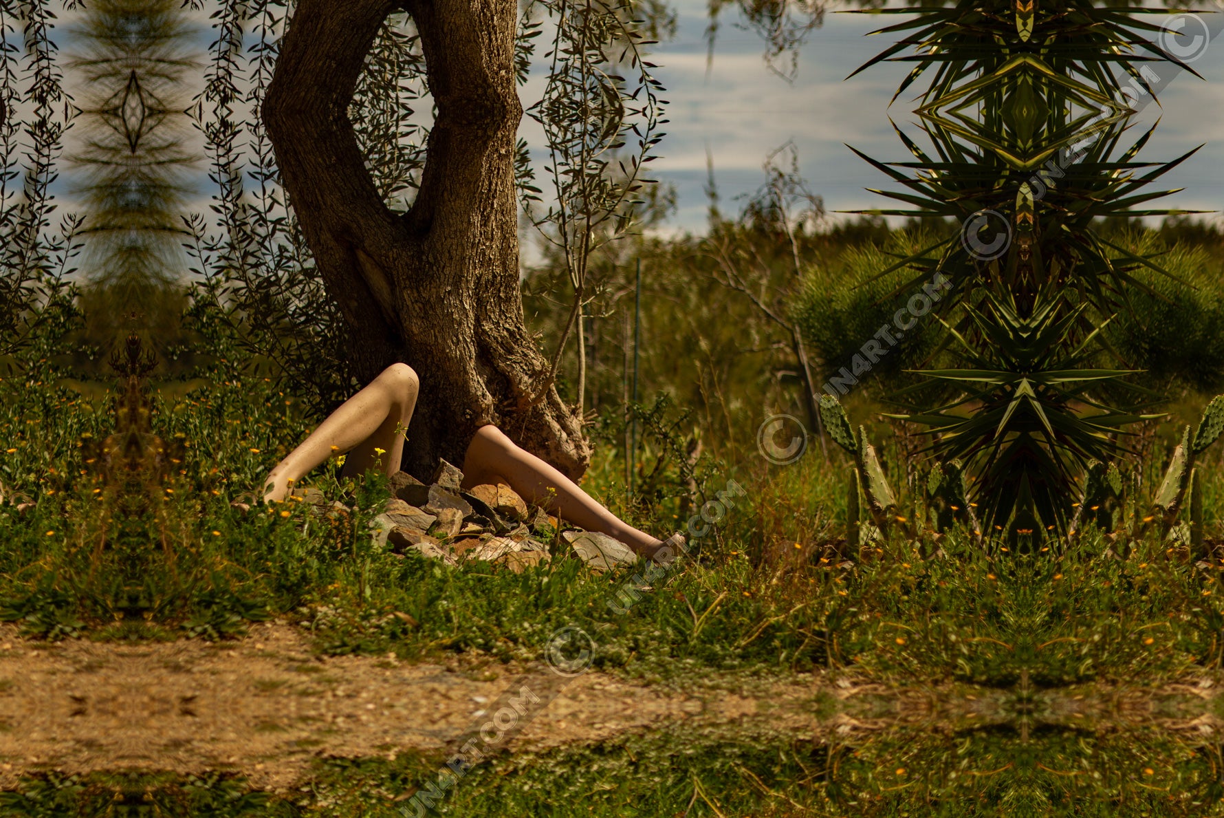 un4rt - a photographie that is mirrored on all sides. the image shows the legs of a mannequin in front of an old olive tree trunk. stones between the legs. it seems like the mannequin is stuck under the trunk. a lot of wild growing greenery around. hills with trees and a cloudy sky in the background.