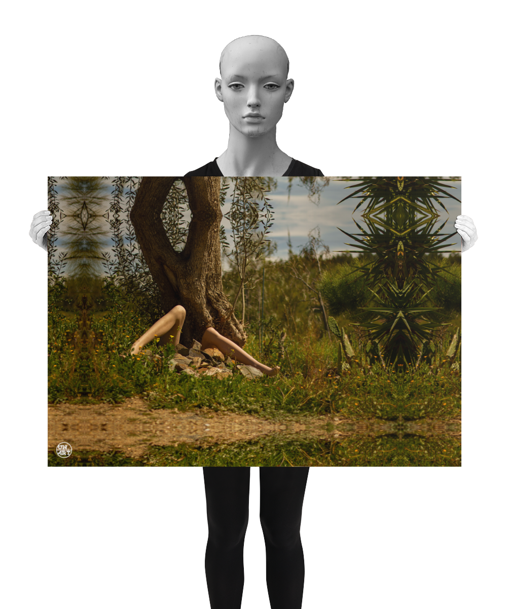 un4rt - a photographie that is mirrored on all sides. the image shows the legs of a mannequin in front of an old olive tree trunk. stones between the legs. it seems like the mannequin is stuck under the trunk. a lot of wild growing greenery around. hills with trees and a cloudy sky in the background. the image is shown by a mannequin in black and white.