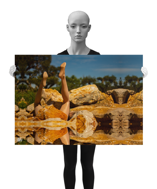un4rt - a photographie that is mirrored on all sides. the image shows the legs of a mannequin which seems to be stuck upside down in a mountain of stones. some old olive trees and a blue sky with a few white clouds in the background. the background is unfocused. the image is shown by a mannequin in black and white.