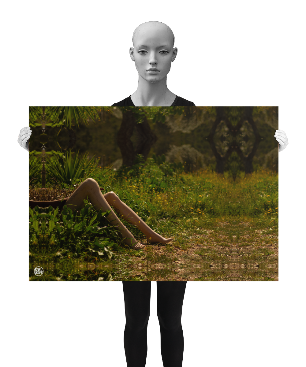 un4rt - a photographie that is mirrored on all sides. the image shows the legs of a mannequin which seems to be stuck under an old bath tub. wild greenery everywhere around. some old tree trunks in the background. unsharp background. the image is shown by a mannequin in black and white.