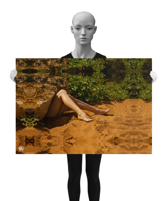 un4rt - a photographie that is mirrored on all sides. the image shows the legs of a mannequin which seems to be stuck under a huge rock. the feet are playing in the sand. wild greenery in the backround. unsharp background. the image is shown by a mannequin in black and white.