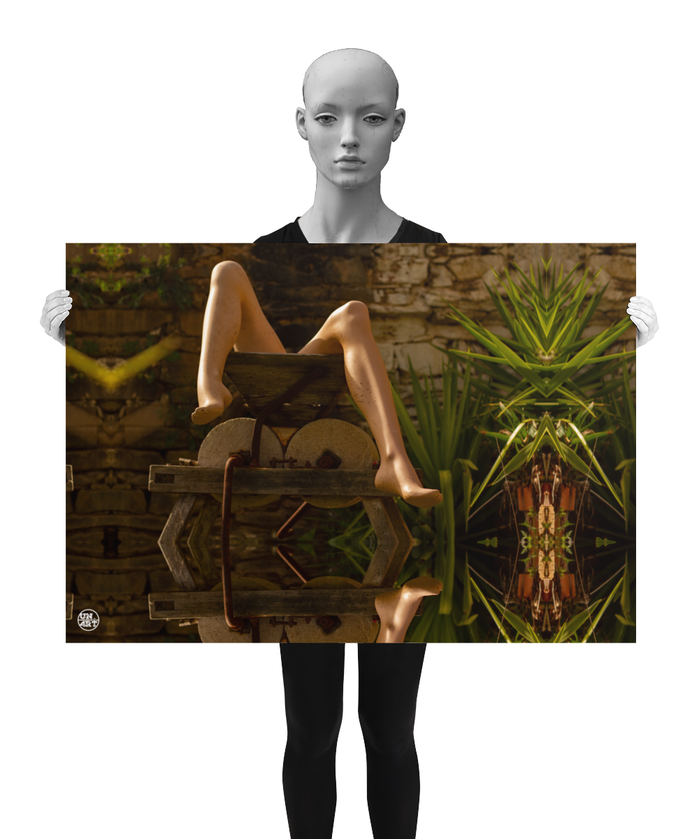 un4rt - a photographie that is mirrored on all sides. the image shows the legs of a mannequin which seems to be stuck inside an old olive mill. some yucca plants next to the mill. ancient stone wall in the background. the image is shown by a mannequin in black and white.