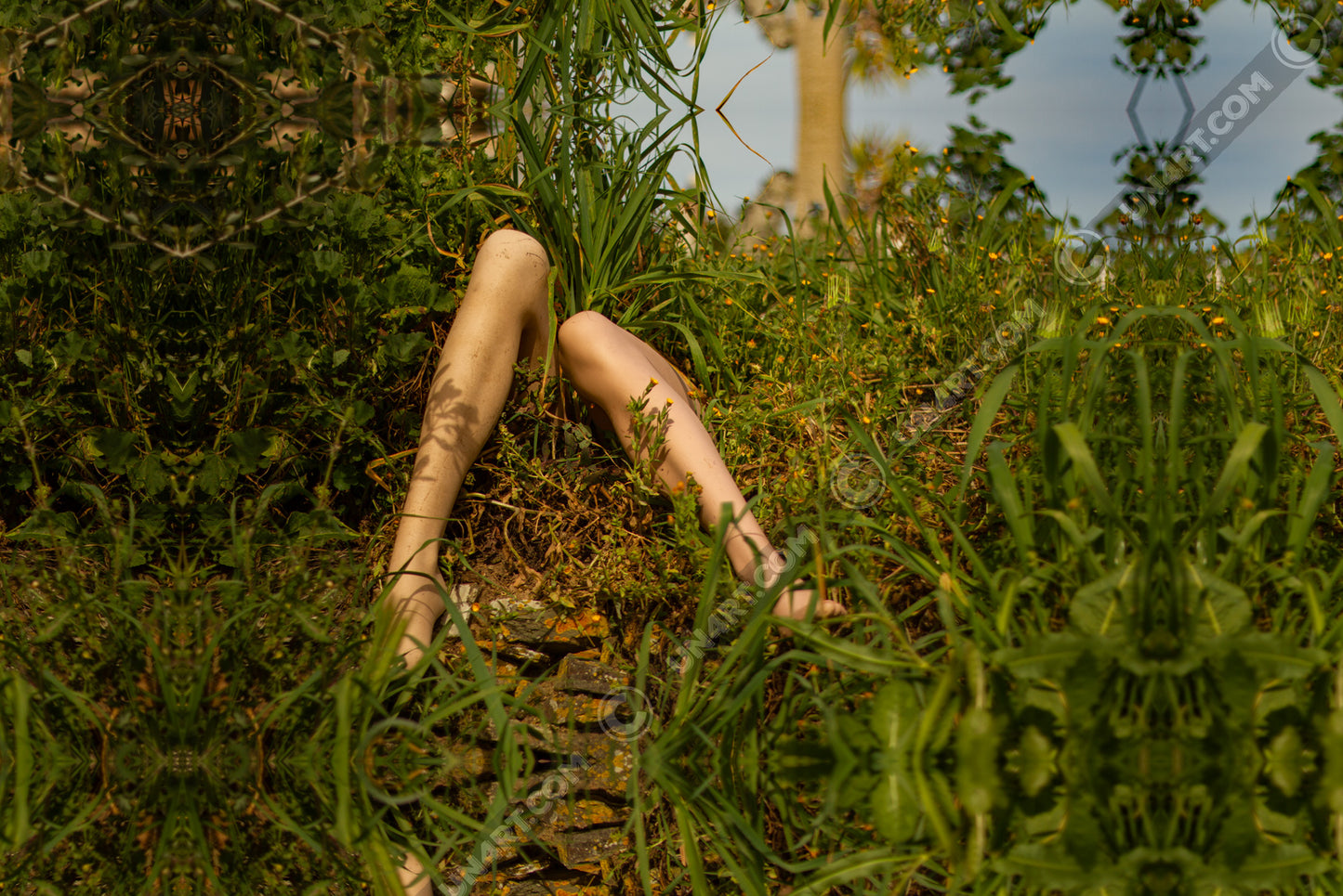un4rt - a photographie that is mirrored on all sides. the image shows the legs of a mannequin in the middle of wild growing greenery. some old stones underneath the feet, blue sky in the background.