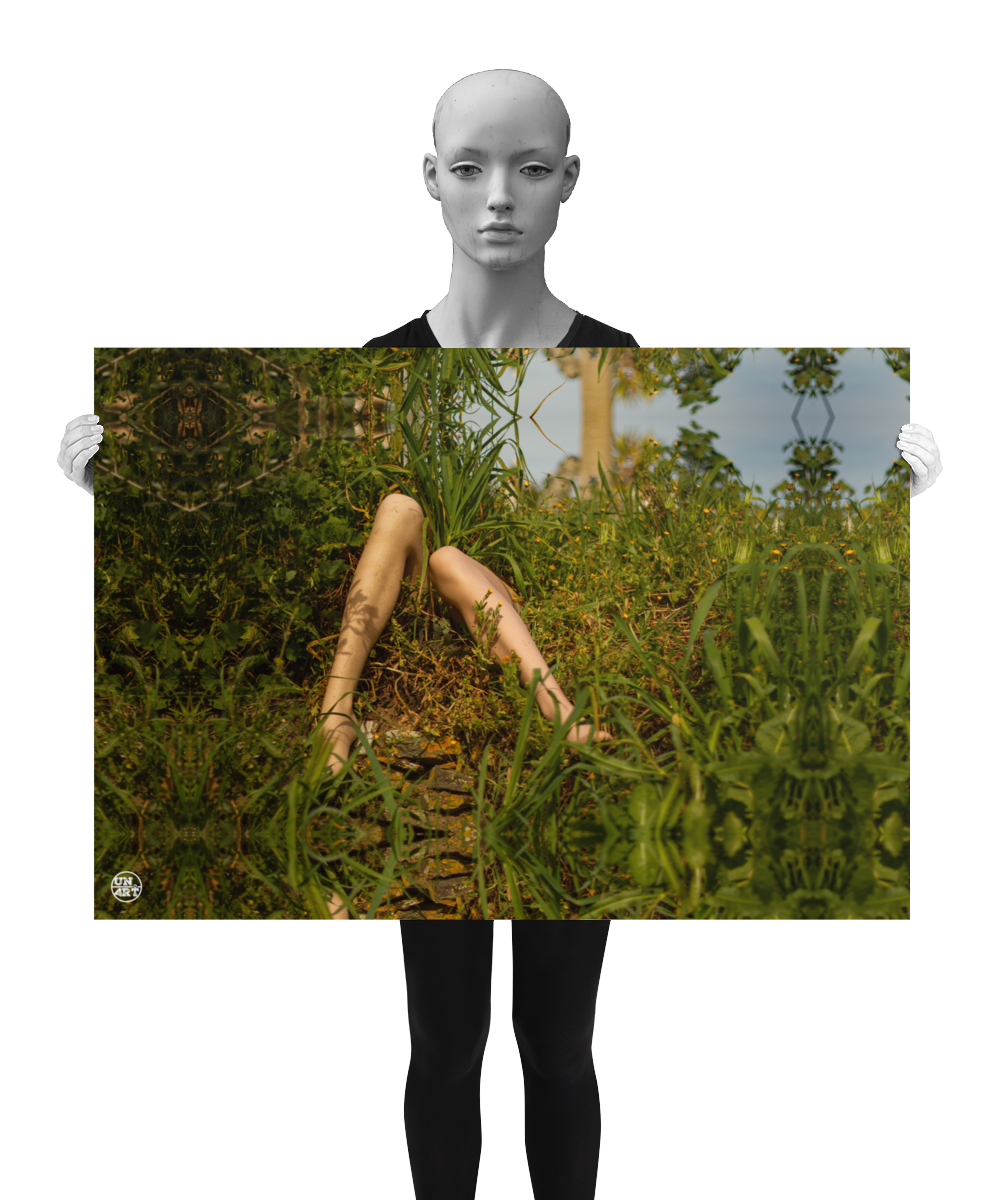 un4rt - a photographie that is mirrored on all sides. the image shows the legs of a mannequin in the middle of wild growing greenery. some old stones underneath the feet, blue sky in the background. the image is shown by a mannequin in black and white.