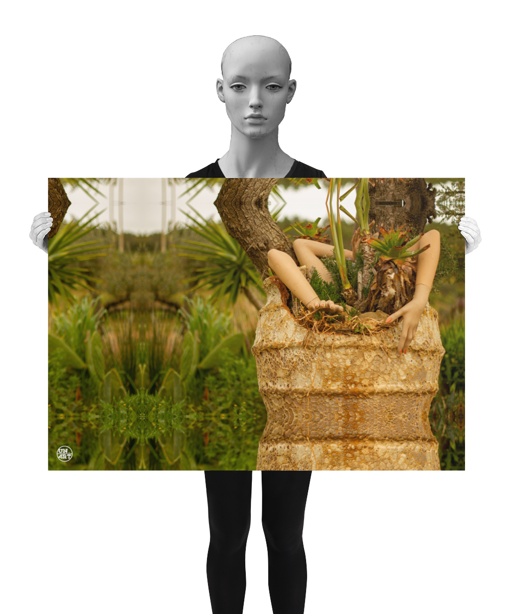 un4rt - a photographie that is mirrored on all sides. the image shows three arms coming out of a huge ancient vase. some plants are planted into the vase. two old tree trunks behind the vase. wild greenery and some hills in the background. the background is unsharp. the image is shown by a mannequin in black and white.
