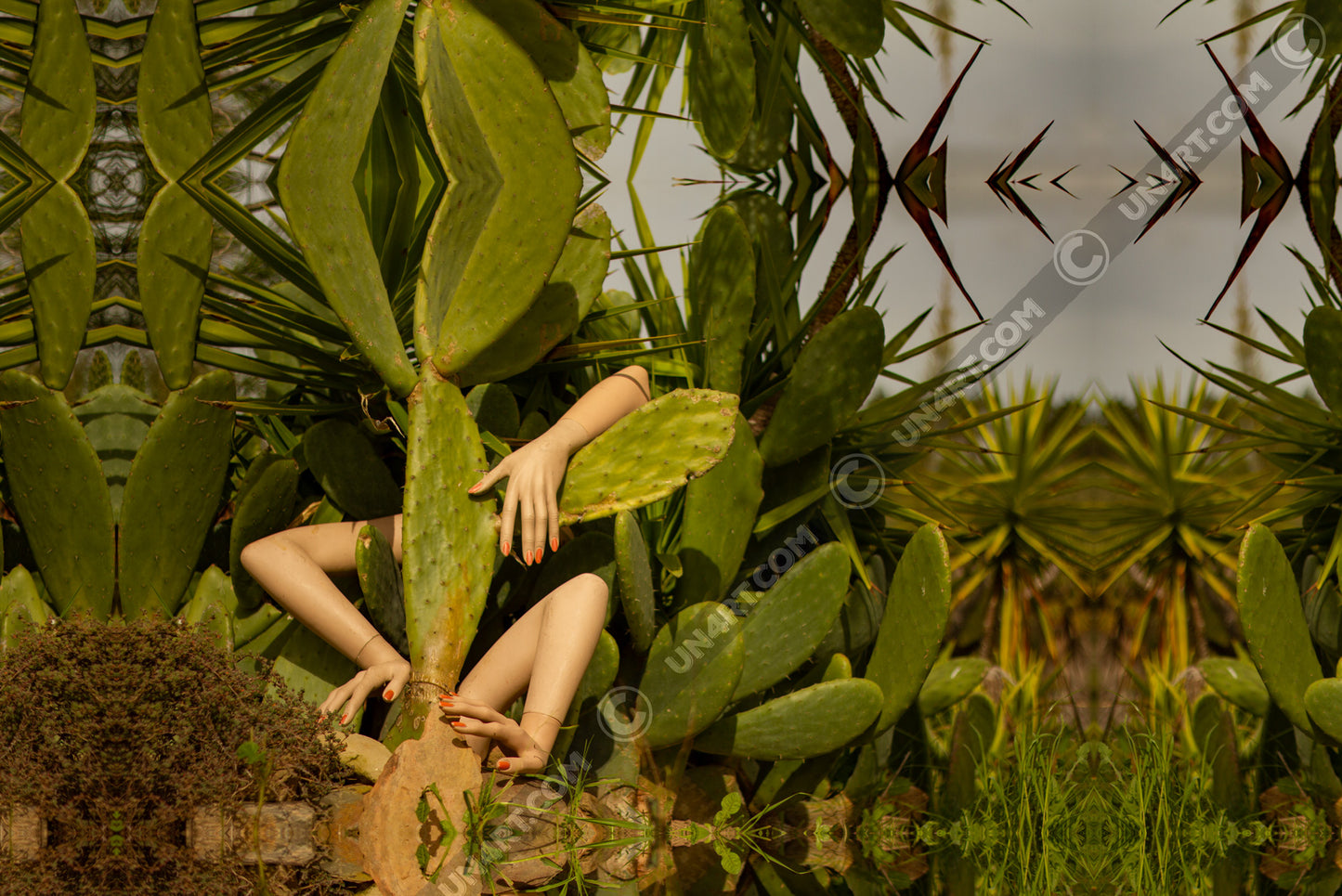 un4rt - a photographie that is mirrored on all sides. the image shows three arms coming out of a huge cactus. wild growing greenery and yucca trees around the cactus. the sky in the background is grey.