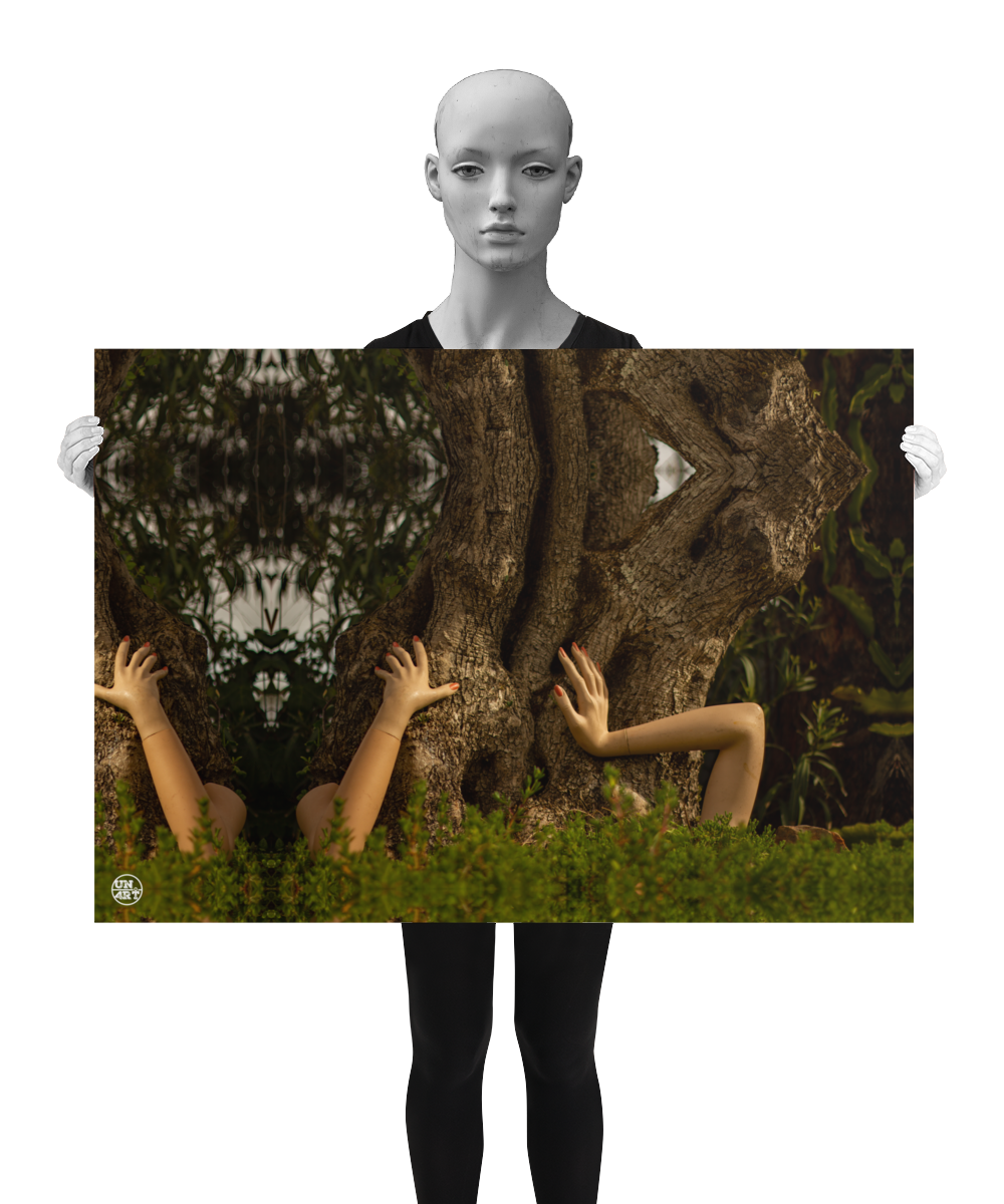 un4rt - a photographie that is mirrored on all sides. the image shows three arms coming out of the bottom of an old olive tree. the hands are touching the trunk. wild greerey in the foreground, eucalyptus leaves in the background. the image is shown by a mannequin in black and white.