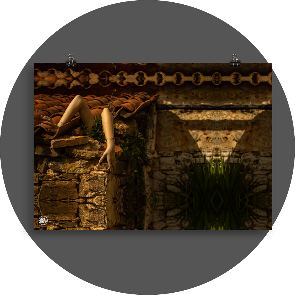 un4rt - a photographie that is mirrored on all sides. the image shows arms coming out of the uncovered corner of an old roof. ancient roof tiles. the walls are made of big old stones. wild greenery growing between the arms. a small yucca tree next to the wall.