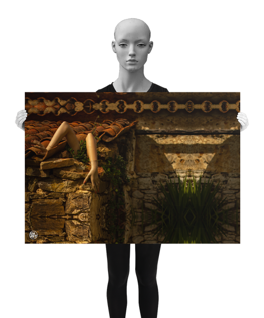 un4rt - a photographie that is mirrored on all sides. the image shows arms coming out of the uncovered corner of an old roof. ancient roof tiles. the walls are made of big old stones. wild greenery growing between the arms. a small yucca tree next to the wall. the image is shown by a mannequin in black and white.