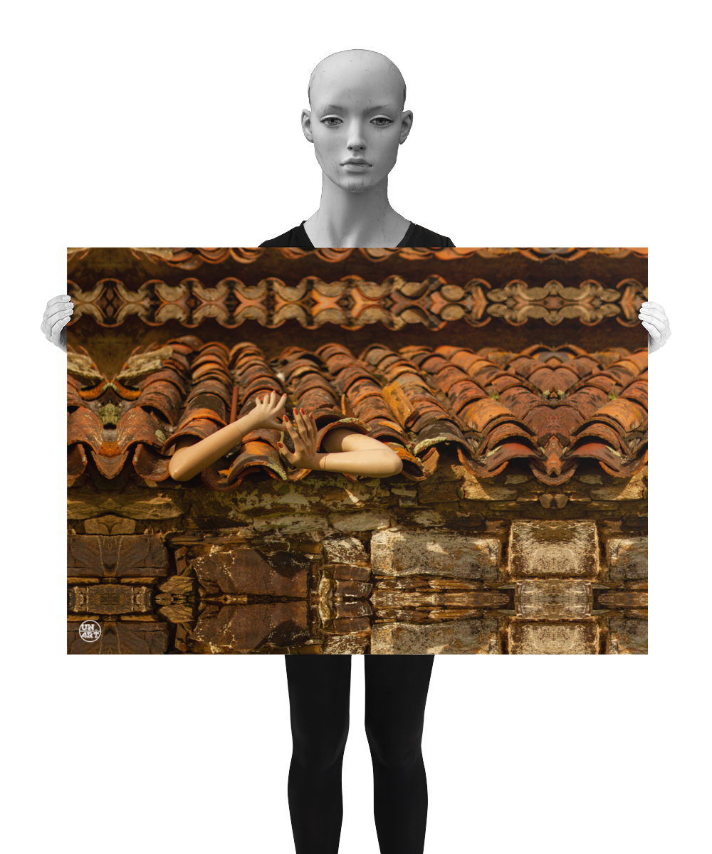 un4rt - a photographie that is mirrored on all sides. the image shows an old roof with arms coming out of the roof tiles. front view. ancient stone wall with big stones under the roof. the image is shown by a mannequin in black and white.
