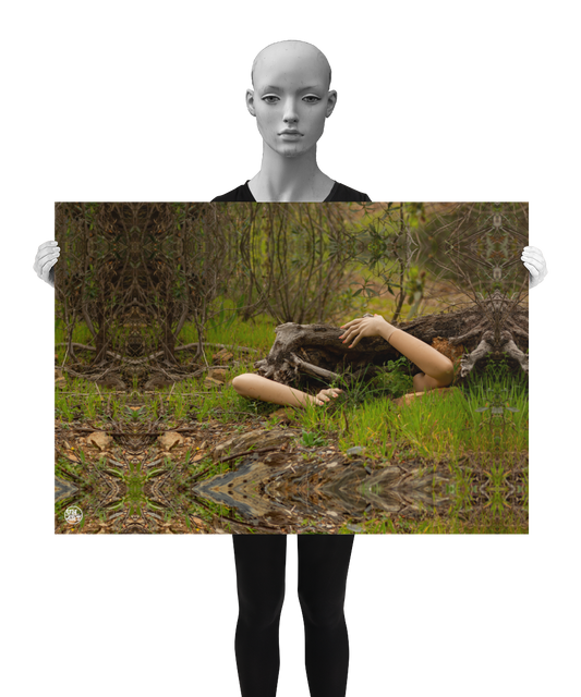 un4rt - a photographie that is mirrored on all sides. the image shows an old fallen tree trunk. two arms are coming out of the bottom touching the trunk. gras and bushes without leaves around the trunk. the image is shown by a mannequin in black and white.