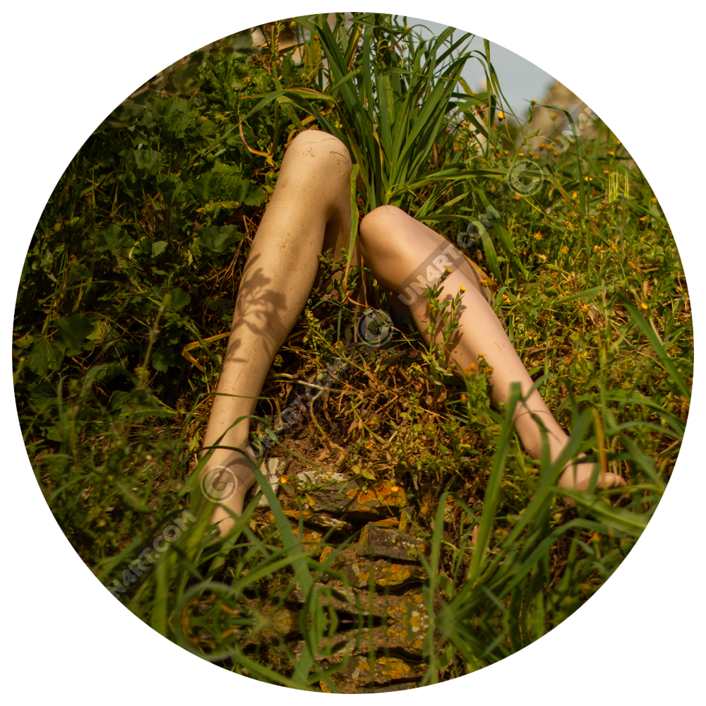 un4rt - gallery title image of the gallery "tr4veling body p4rts". the photographie shows two bent legs of a model in the middle of tall grass and wild greenery. yellow flowers and blue sky in the background. old stones underneath the feet.
