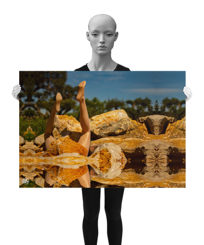un4rt - a photographie that is mirrored on all sides. the image shows the legs of a mannequin which seems to be stuck upside down in a mountain of stones. some old olive trees and a blue sky with a few white clouds in the background. the background is unfocused. the image is shown by a mannequin in black and white.