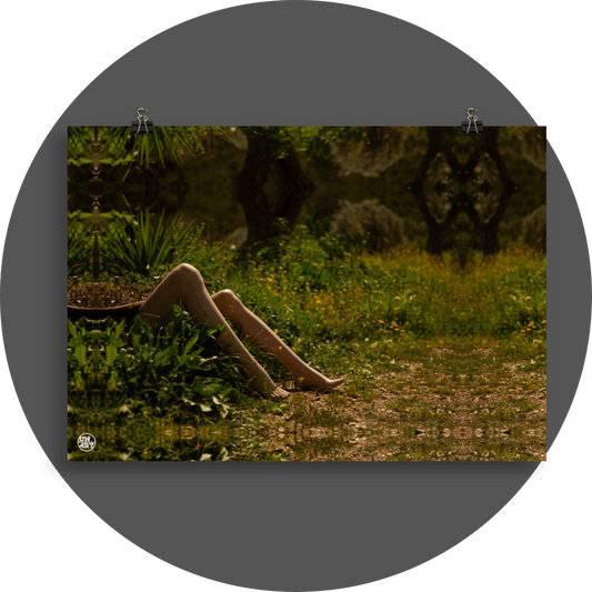 un4rt - a photographie that is mirrored on all sides. the image shows the legs of a mannequin which seems to be stuck under an old bath tub. wild greenery everywhere around. some old tree trunks in the background. unsharp background.