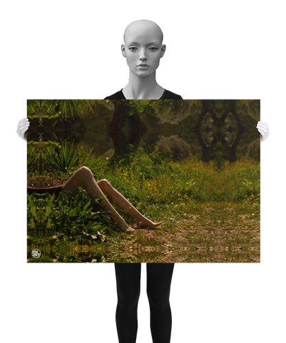 un4rt - a photographie that is mirrored on all sides. the image shows the legs of a mannequin which seems to be stuck under an old bath tub. wild greenery everywhere around. some old tree trunks in the background. unsharp background. the image is shown by a mannequin in black and white.