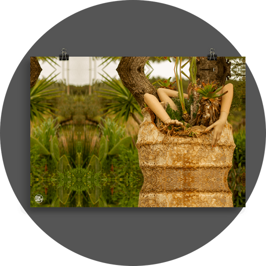 un4rt - a photographie that is mirrored on all sides. the image shows three arms coming out of a huge ancient vase. some plants are planted into the vase. two old tree trunks behind the vase. wild greenery and some hills in the background. the background is unsharp.