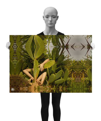 un4rt - a photographie that is mirrored on all sides. the image shows three arms coming out of a huge cactus. wild growing greenery and yucca trees around the cactus. the sky in the background is grey. the image is shown by a mannequin in black and white.