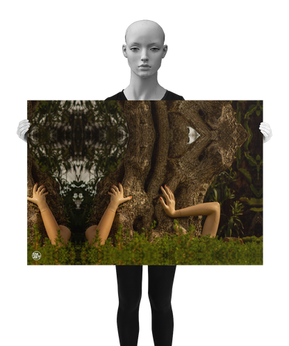 un4rt - a photographie that is mirrored on all sides. the image shows three arms coming out of the bottom of an old olive tree. the hands are touching the trunk. wild greerey in the foreground, eucalyptus leaves in the background. the image is shown by a mannequin in black and white.