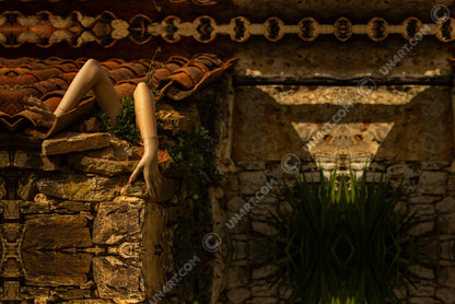 un4rt - a photographie that is mirrored on all sides. the image shows arms coming out of the uncovered corner of an old roof. ancient roof tiles. the walls are made of big old stones. wild greenery growing between the arms. a small yucca tree next to the wall.