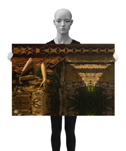 un4rt - a photographie that is mirrored on all sides. the image shows arms coming out of the uncovered corner of an old roof. ancient roof tiles. the walls are made of big old stones. wild greenery growing between the arms. a small yucca tree next to the wall. the image is shown by a mannequin in black and white.