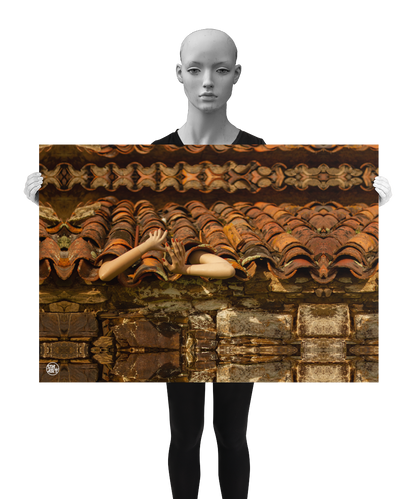 un4rt - a photographie that is mirrored on all sides. the image shows an old roof with arms coming out of the roof tiles. front view. ancient stone wall with big stones under the roof. the image is shown by a mannequin in black and white.