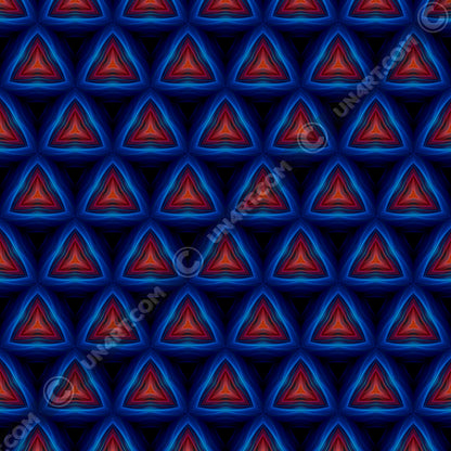 un4rt - the image shows a repeating pattern of triangles pointing up. the corners of the triangles are connected. the background is back. the triangles are made of thin curvy lines, blue lines create the frames of the triangles, red lines create the inner triangles. detailed brush strokes are visible, in the style of an oil painting.