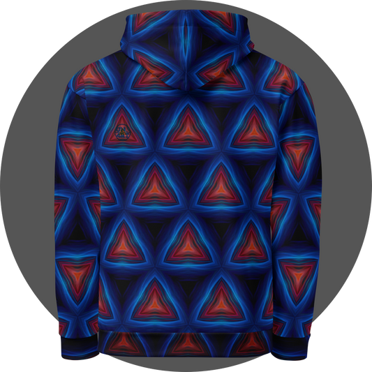 un4rt - the image shows the back of a hoodie with a repeating pattern of triangles pointing up. the corners of the triangles are connected. the background is back. the triangles are made of thin curvy lines, blue lines create the frames of the triangles, red lines create the inner triangles. detailed brush strokes are visible, in the style of an oil painting.