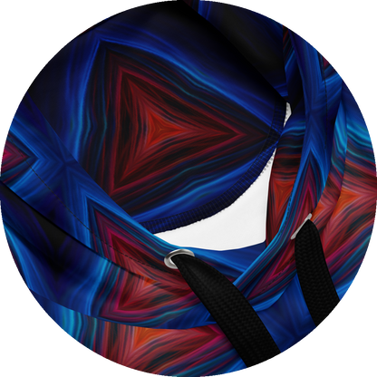 un4rt - the image shows details of a hoodie with a repeating pattern of triangles pointing up. the corners of the triangles are connected. the background is back. the triangles are made of thin curvy lines, blue lines create the frames of the triangles, red lines create the inner triangles. detailed brush strokes are visible, in the style of an oil painting.