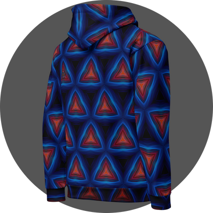 un4rt - the image shows the right back of a hoodie with a repeating pattern of triangles pointing up. the corners of the triangles are connected. the background is back. the triangles are made of thin curvy lines, blue lines create the frames of the triangles, red lines create the inner triangles. detailed brush strokes are visible, in the style of an oil painting.