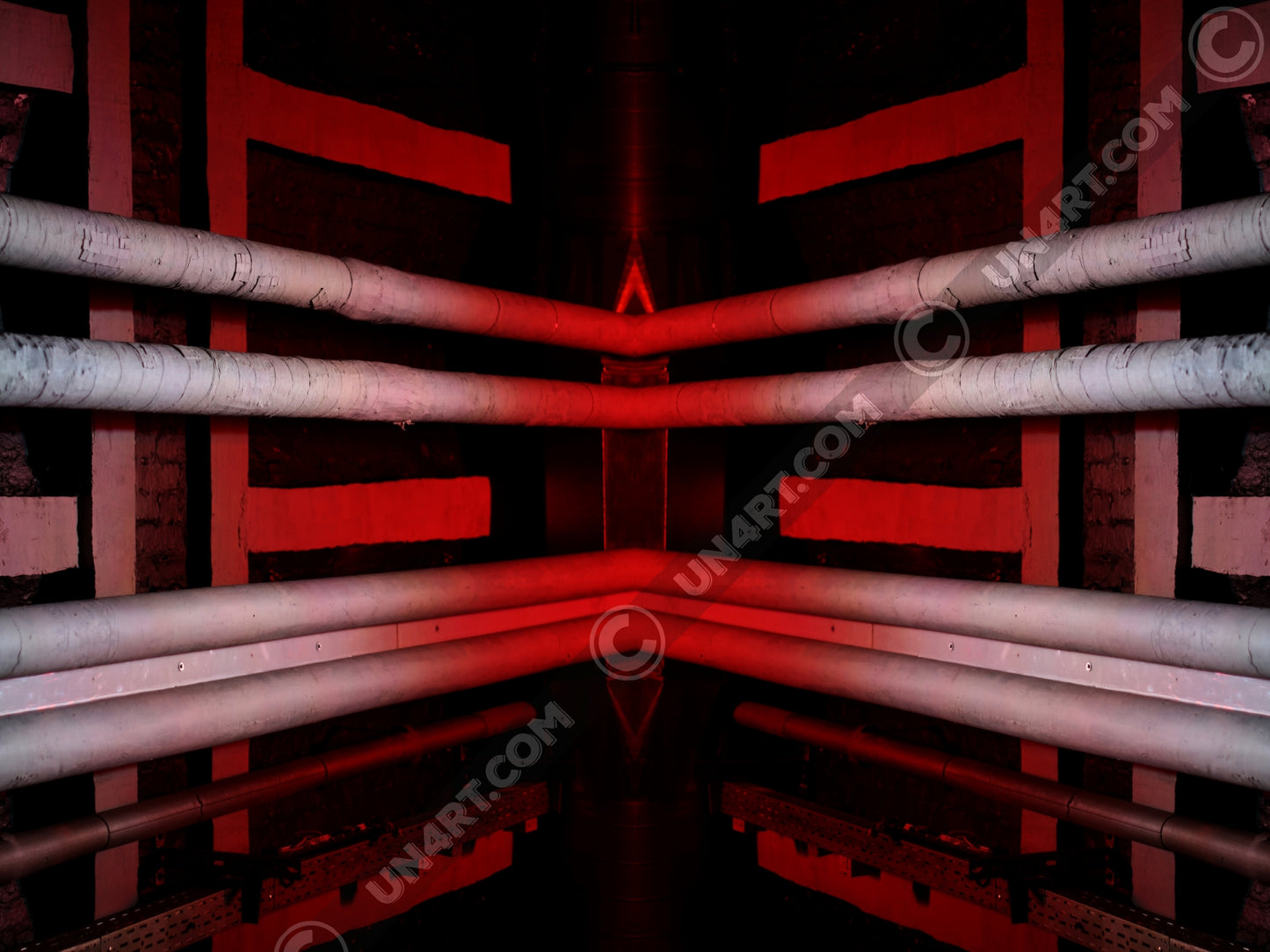 un4rt - the photographie is doubled and then mirrored to create the final image. the photographie shows a brick ceiling with pipes and plastered beams. the ceiling is black, but the pipes and the beams are lightened in red and light grey.