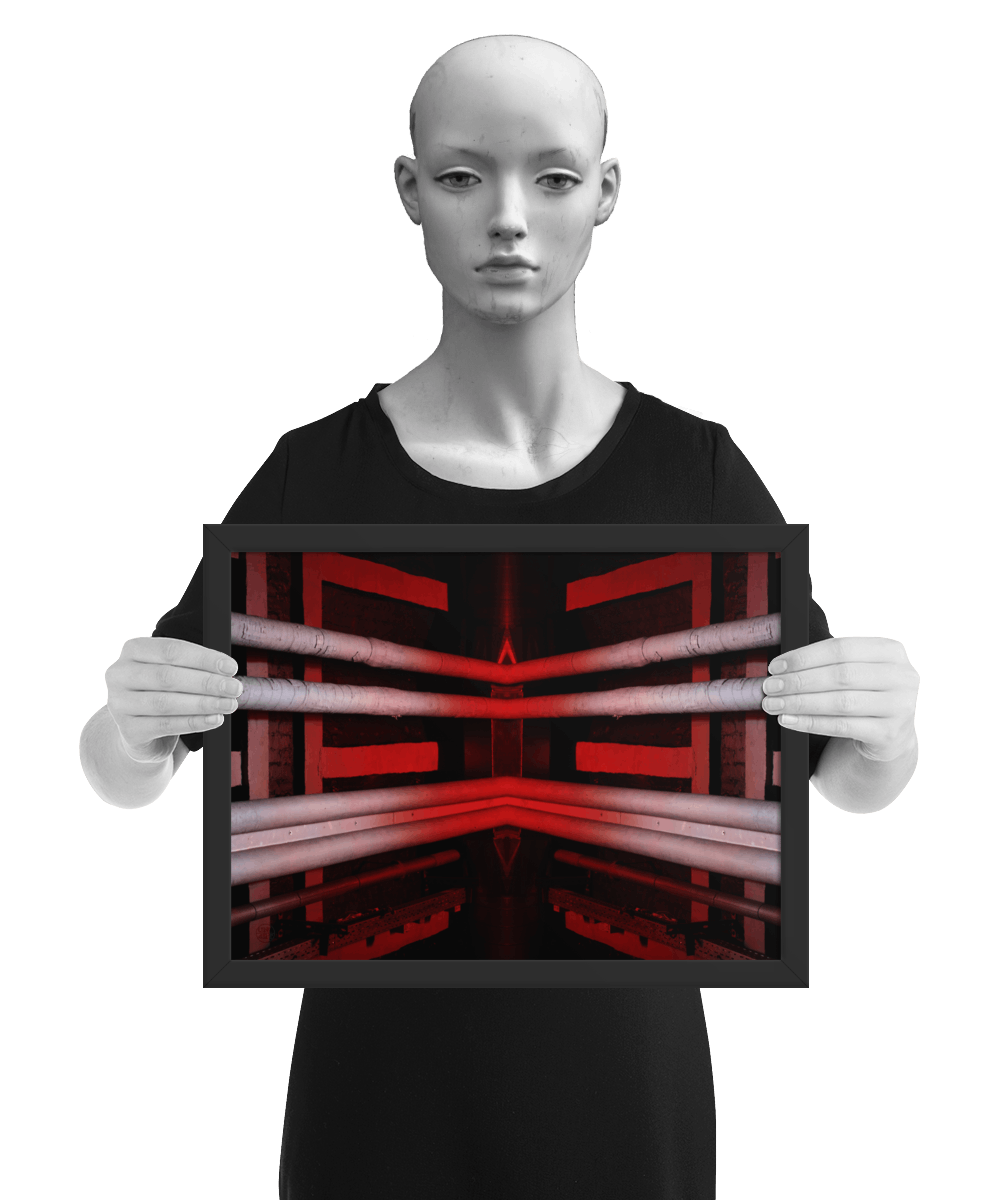 un4rt - the photographie is doubled and then mirrored to create the final image. the photographie shows a brick ceiling with pipes and plastered beams. the ceiling is black, but the pipes and the beams are lightened in red and light grey. the image is framed and presented by a mannequin in black and white.