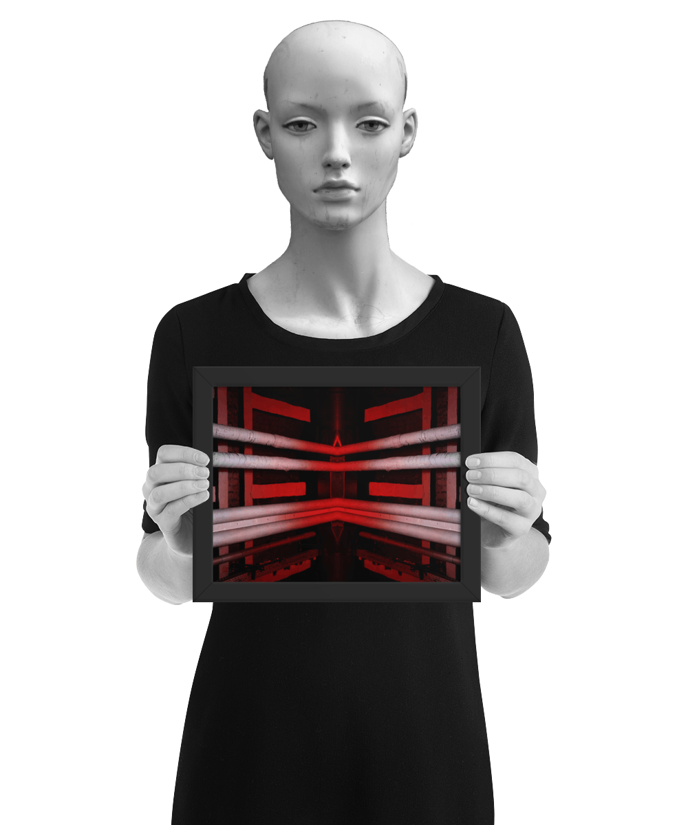 un4rt - the photographie is doubled and then mirrored to create the final image. the photographie shows a brick ceiling with pipes and plastered beams. the ceiling is black, but the pipes and the beams are lightened in red and light grey. the image is framed and presented by a mannequin in black and white.