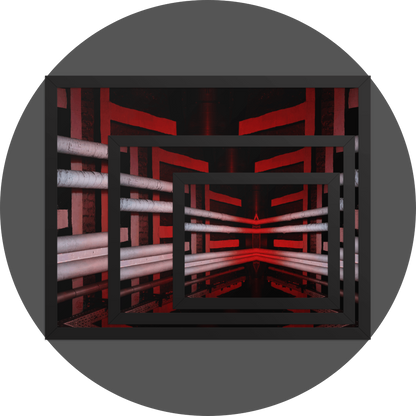 un4rt - the image shows 3 different sizes of the same photographie on top of each other. large size in the back, medium size in the middle and small size on top. the photographie is doubled and then mirrored to create the final image. the photographie shows a brick ceiling with pipes and plastered beams. the ceiling is black, but the pipes and the beams are lightened in red and light grey.